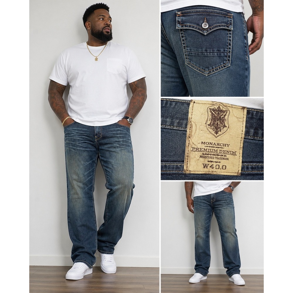 Monarchy Jeans Men‎ 40 Tall Dark Wash Straight Y2K Whiskered Flap Pocket Denim